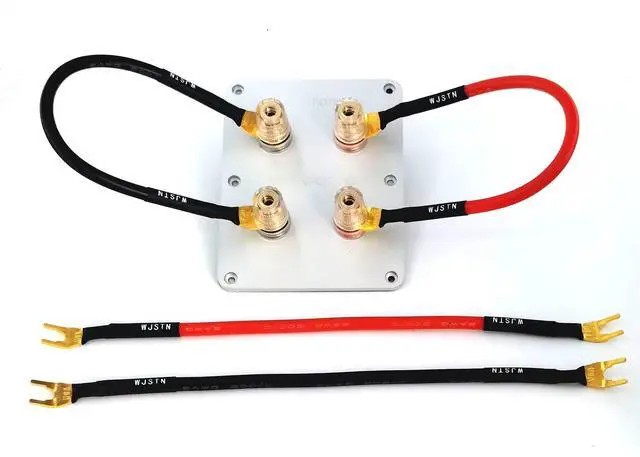 Alt view image 6 of 6 - Fork Spade Plug to Spade Plug Speaker Jumper Cable,8AWG Y Plug to Y Plug Cable, for DIY Home Theater, Speaker etc 8in/4-Pack
