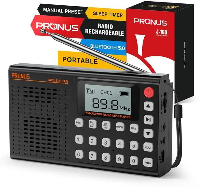 Main image of J168 AM FM Radio Bluetooth Speaker, Preset, Excellent Reception | TF Card Playback, Sleep Timer, USB C Charging, Headphone Jack, Long Antenna, Digital Radio AM FM