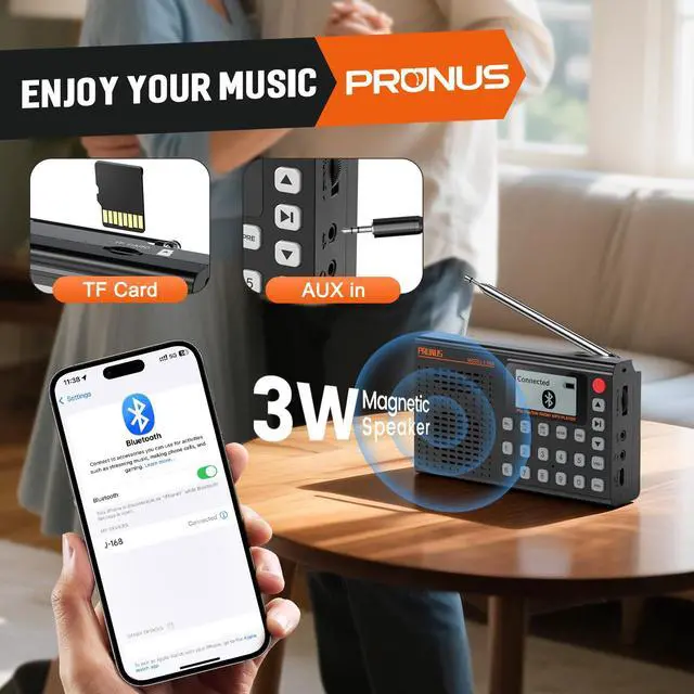 Alt view image 4 of 6 - J168 AM FM Radio Bluetooth Speaker, Preset, Excellent Reception | TF Card Playback, Sleep Timer, USB C Charging, Headphone Jack, Long Antenna, Digital Radio AM FM