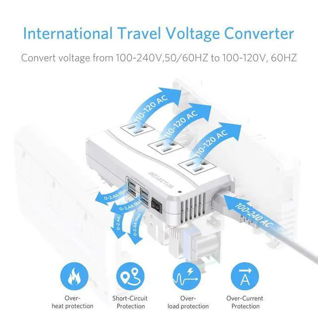 Alt view image 3 of 6 - Voltage Converter 220V to 110V,Travel Converter Suitable for UK/AU/US/EU | European Travel Plug Adapter with 4 USB Ports, 3 AC Sockets,4-in-1 Adapter