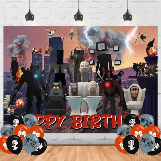 Main image of Toilet Man Birthday Party Supplies Backdrop 5x3 Skibidi Happy Birthday Background Photography Cartoon Party Decorations Banner Photo Booth Props