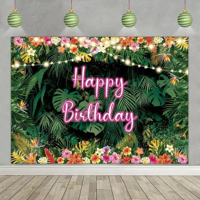 Alt view image 2 of 6 - Tropical Birthday Backdrop Hawaiian Palm Leaves Party Background Aloha Theme Happy Birthday Party Decorations Luau Banner Decorations(7X5FT(82x59inch))