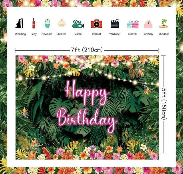Alt view image 3 of 6 - Tropical Birthday Backdrop Hawaiian Palm Leaves Party Background Aloha Theme Happy Birthday Party Decorations Luau Banner Decorations(7X5FT(82x59inch))