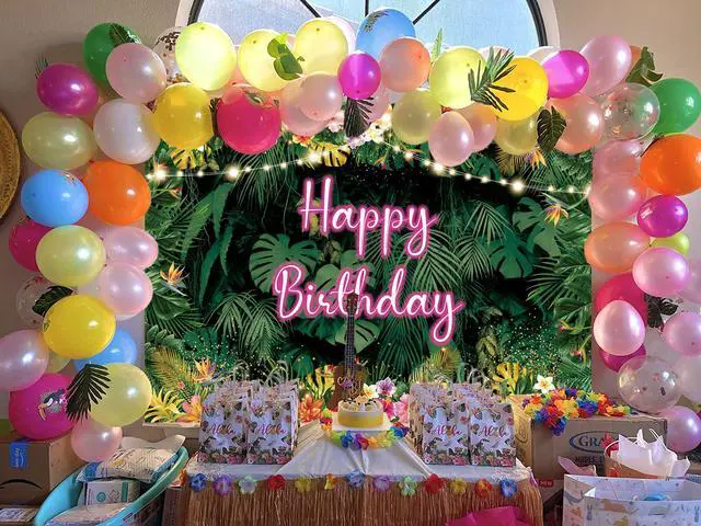 Alt view image 4 of 6 - Tropical Birthday Backdrop Hawaiian Palm Leaves Party Background Aloha Theme Happy Birthday Party Decorations Luau Banner Decorations(7X5FT(82x59inch))