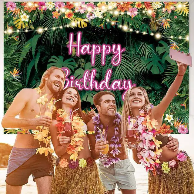 Alt view image 5 of 6 - Tropical Birthday Backdrop Hawaiian Palm Leaves Party Background Aloha Theme Happy Birthday Party Decorations Luau Banner Decorations(7X5FT(82x59inch))