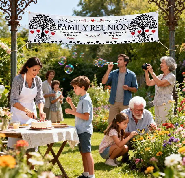 Alt view image 4 of 6 - Family Reunion Backdrop 78.7x17.7 Inch Family Themed Background Banner Family Tree Reunion Decorations for Living Room Home Party Venue & Front Yard