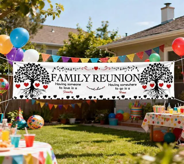 Alt view image 5 of 6 - Family Reunion Backdrop 78.7x17.7 Inch Family Themed Background Banner Family Tree Reunion Decorations for Living Room Home Party Venue & Front Yard