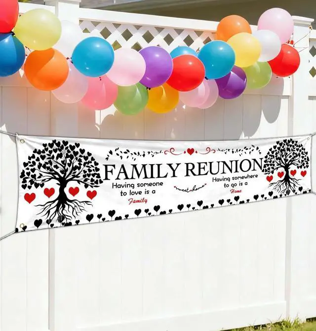 Alt view image 6 of 6 - Family Reunion Backdrop 78.7x17.7 Inch Family Themed Background Banner Family Tree Reunion Decorations for Living Room Home Party Venue & Front Yard