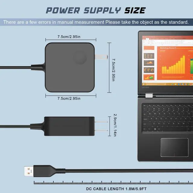 Alt view image 6 of 6 - 65W Adapter Charger Cord for Lenovo Yoga 3 Pro, Yoga 700-11ISK 700-14ISK 80QE Yoga 900 900-13ISK Yoga 3 11,3 14 Laptop with USB Cable Power Supply Adapter