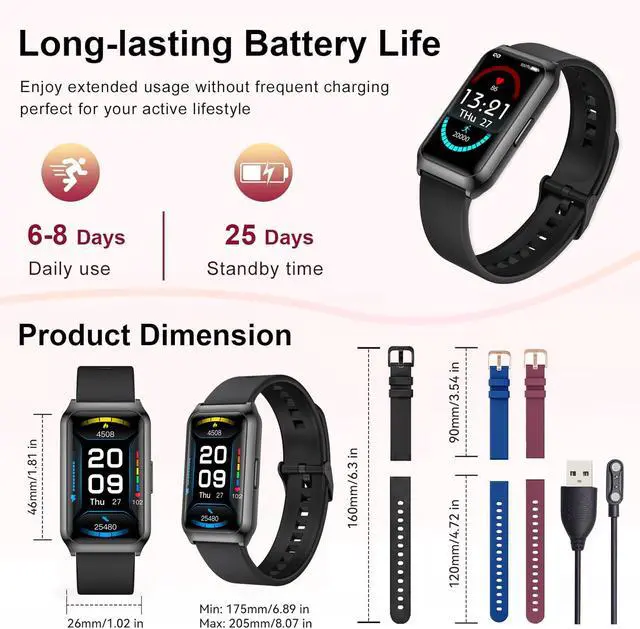 Alt view image 6 of 6 - 1.47" Smart Sports Watch, 10-Day Battery, IP68 Waterproof, Black | Fitness Tracker for iOS Android, Tracks Heart Rate, Sleep Monitor, Blood Oxygen, Suitable for Daily Fitness, Sport Strap