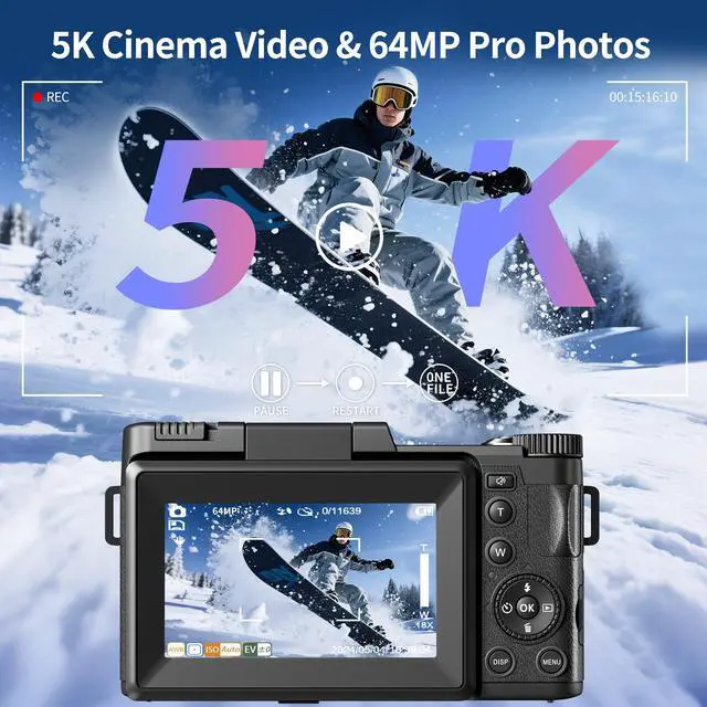 Alt view image 2 of 6 - Digital Camera 5K, 64MP Cameras for Photography, YouTube Vlogging, 18X Zoom UHD Autofocus Compact Point and Shoot Flip Screen Camera with 64GB SD Card, 2 Batteries, Small Photo Camera for Kids, Teen