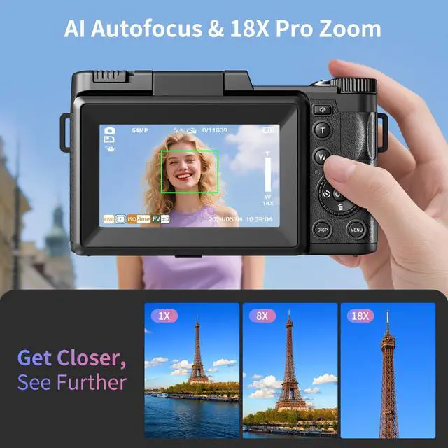 Alt view image 3 of 6 - Digital Camera 5K, 64MP Cameras for Photography, YouTube Vlogging, 18X Zoom UHD Autofocus Compact Point and Shoot Flip Screen Camera with 64GB SD Card, 2 Batteries, Small Photo Camera for Kids, Teen