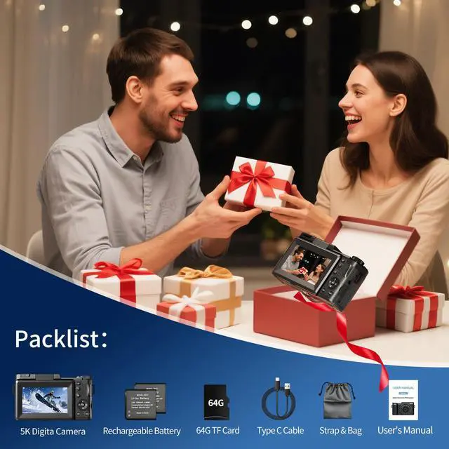Alt view image 6 of 6 - Digital Camera 5K, 64MP Cameras for Photography, YouTube Vlogging, 18X Zoom UHD Autofocus Compact Point and Shoot Flip Screen Camera with 64GB SD Card, 2 Batteries, Small Photo Camera for Kids, Teen