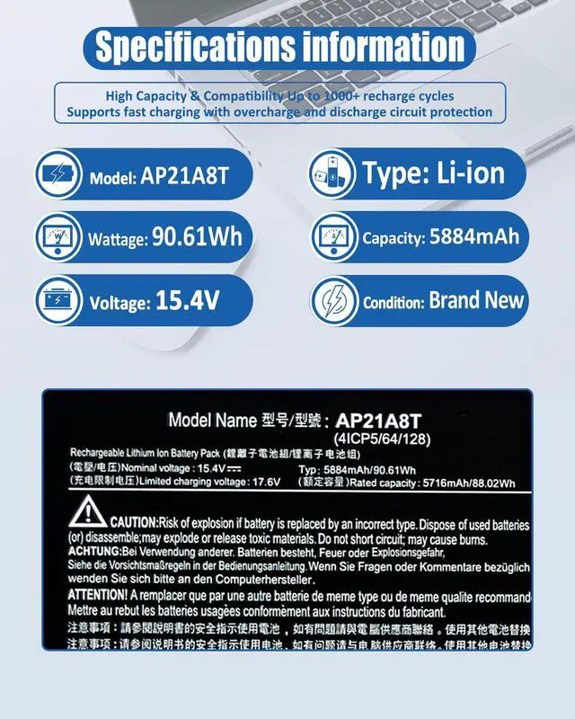 Alt view image 4 of 6 - 90.61Wh AP21A8T AP21A7T Battery for Acer Predator Helios 300 PH315-55/300 PH317-56/18 PH18-71, Nitro 5 AN517-55 Series LaptopCompatible with AP21A5T15.4V 5716mAh 8-Cell