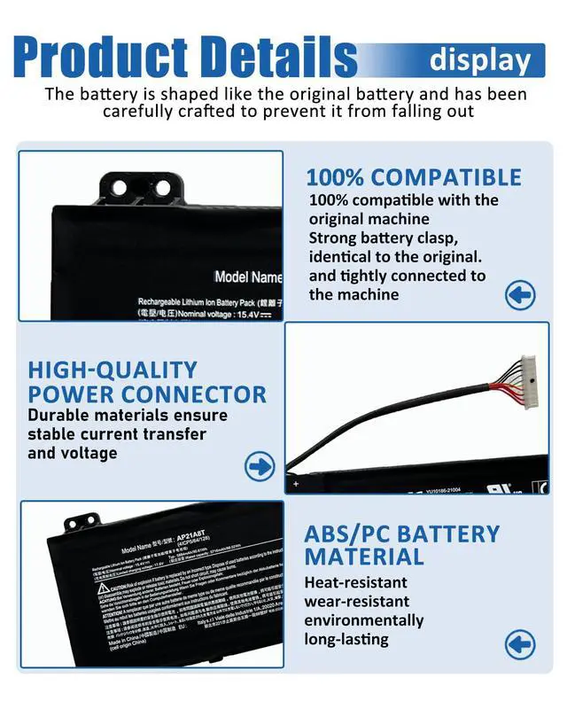 Alt view image 6 of 6 - 90.61Wh AP21A8T AP21A7T Battery for Acer Predator Helios 300 PH315-55/300 PH317-56/18 PH18-71, Nitro 5 AN517-55 Series LaptopCompatible with AP21A5T15.4V 5716mAh 8-Cell