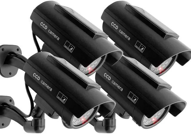 Main image of Solar Powered Fake Security Camera, Bullet Dummy Security Camera Surveillance System with Realistic Red Flashing Lights Indoor Outdoor (4 Black)