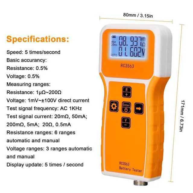 Alt view image 6 of 6 - Battery Tester, 200 100V Portable Battery Internal Resistance Voltage Tester 3-Digit Display Battery Tester High-Precise True Four-Wire AC Lithium Lead-Acid Lithium Battery Detector