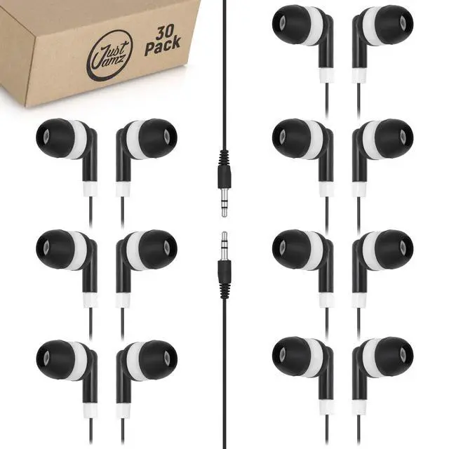 Main image of Bulk Earbuds 30-Pack Basic in-Ear Headphones with 3.5mm Audio Jack, Black Stereo Earphones for Schools, Kids, Classrooms & Libraries