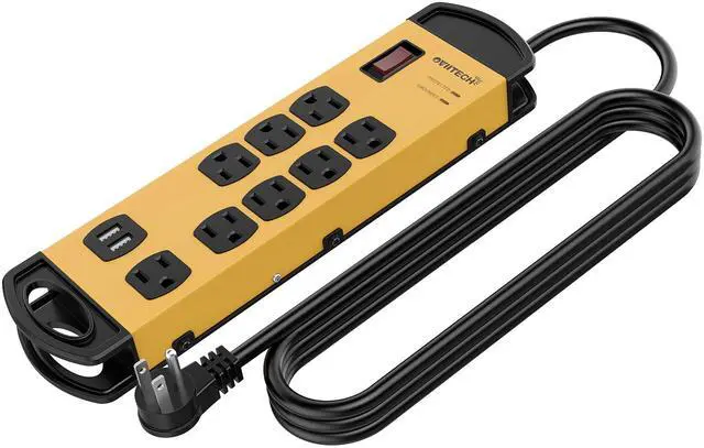 Main image of 8 Outlets Mountable Heavy Duty Surge Protector Metal Power Strip with 2 USB Charging Ports(2.4A),1800 Joules with 6 Foot Long Extension Cord, Yellow&Black,ETL Listed