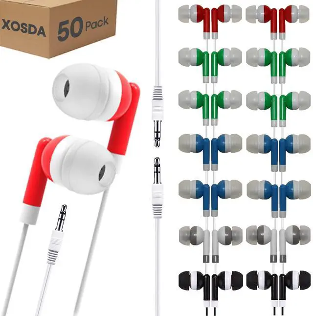 Main image of Bulk Earbud Headphones 50 Pack for Kids School Classroom, Wholeslae Wired Durable Class Set Earphones for Students Children Toddler Teens Boys Girls and Adult (Mixed Colors, 50pcs)