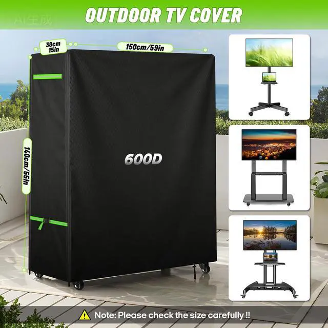 Alt view image 2 of 6 - 60-65" Outdoor TV Stand Cover, 600D TV Cover Waterproof, 59x15x55'' | PVC Coating, Bottom Drawing, Outside TV Protector With Buckles, Rolling TV Stand Cover For Mobile TV Cart On Wheels