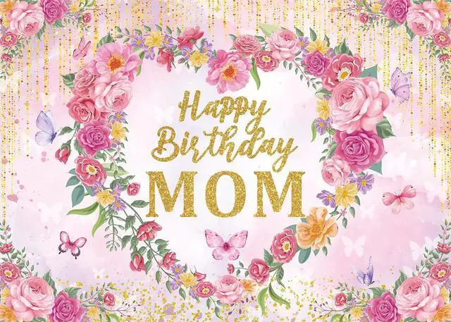 Alt view image 2 of 6 - Happy Birthday Mom Backdrop Pink Flower Heart Glitter Mother's Day Decor Photography Background Mom's Birthday Backdrop for Women Party Decorations Banner Photo Props (7x5FT)