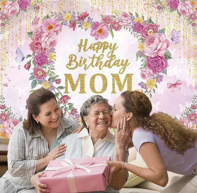 Alt view image 3 of 6 - Happy Birthday Mom Backdrop Pink Flower Heart Glitter Mother's Day Decor Photography Background Mom's Birthday Backdrop for Women Party Decorations Banner Photo Props (7x5FT)
