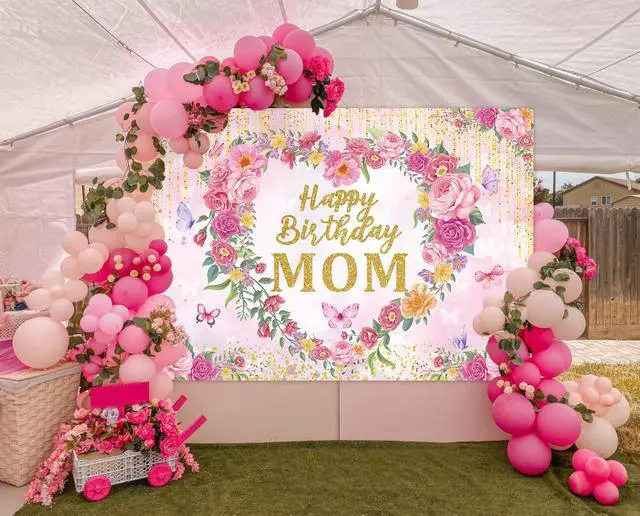 Alt view image 4 of 6 - Happy Birthday Mom Backdrop Pink Flower Heart Glitter Mother's Day Decor Photography Background Mom's Birthday Backdrop for Women Party Decorations Banner Photo Props (7x5FT)