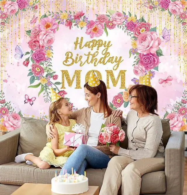 Alt view image 5 of 6 - Happy Birthday Mom Backdrop Pink Flower Heart Glitter Mother's Day Decor Photography Background Mom's Birthday Backdrop for Women Party Decorations Banner Photo Props (7x5FT)
