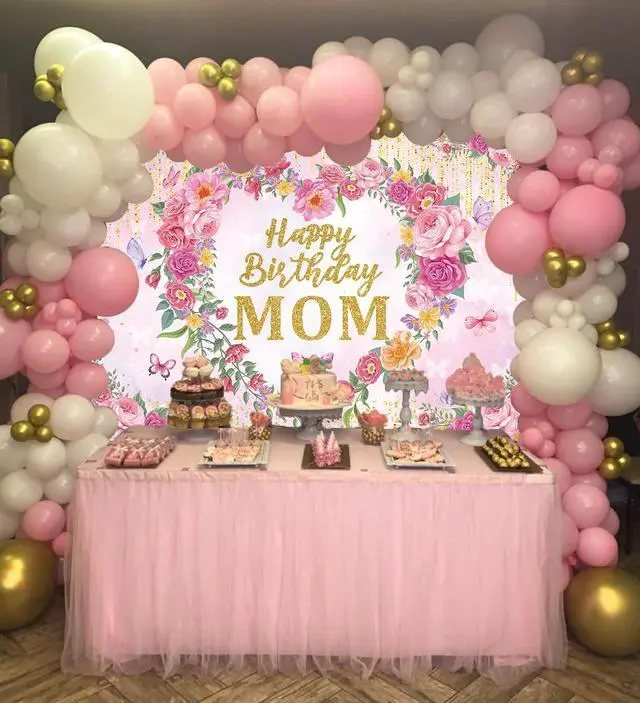 Alt view image 6 of 6 - Happy Birthday Mom Backdrop Pink Flower Heart Glitter Mother's Day Decor Photography Background Mom's Birthday Backdrop for Women Party Decorations Banner Photo Props (7x5FT)