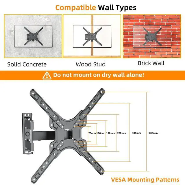 Alt view image 2 of 6 - Full Motion TV Wall Mount for 1360 Inch Flat & Curved TVs up to 77 lbs, Articulating Arm with Swivel & Tilt, Single Stud Centered Design, TV Bracket Wall Mount Max VESA 400x400mm