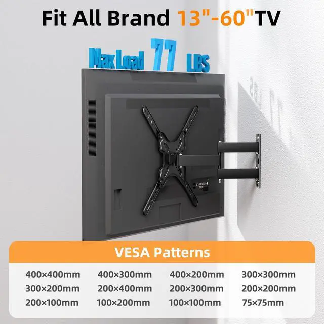 Alt view image 3 of 6 - Full Motion TV Wall Mount for 1360 Inch Flat & Curved TVs up to 77 lbs, Articulating Arm with Swivel & Tilt, Single Stud Centered Design, TV Bracket Wall Mount Max VESA 400x400mm