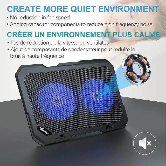 Alt view image 2 of 6 - C302 Laptop Cooling Pad Ultra Slim Notebook Cooler, Laptop Fan Cooling Stand with 2 Quiet Big Fans Blue LED Light, Chill Mat with Built-in USB Cable Plug and Play, for 10-15.6 Inch Laptops