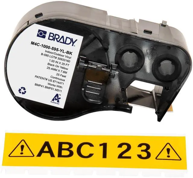 Main image of Authentic (M4C-1000-595-YL-BK) All-Weather Vinyl Labels 1 in W x 25ft Black on Yellow. for use with BMP41, BMP51, M410, M510, and M511 Label Printers