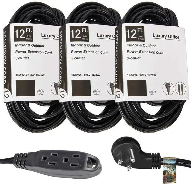 Main image of 3 Way Power Splitter and 12' Extension Cord, 3 Pack With Angled Plug - 1 to 3 Cable Strip With 3 Pronged Outlets and Long Y Style Wire Black - SJT 16 AWG By
