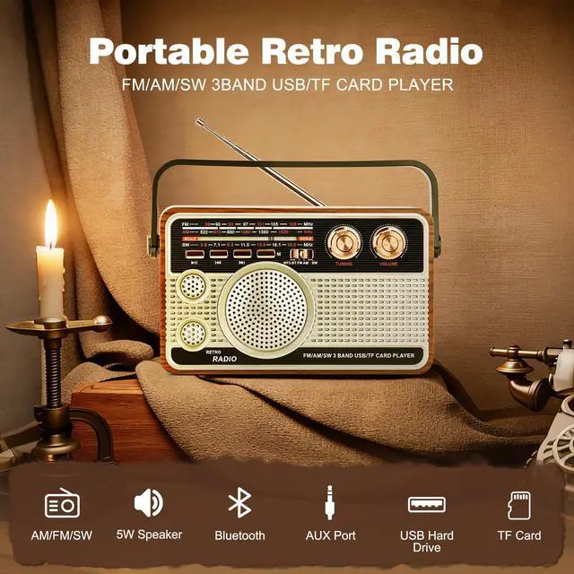 Alt view image 2 of 6 - Portable Radio AM FM SW, Vintage Radio for Home Outdoor Elder Gift | Retro Transistor Radios with Bluetooth, USB/TF/AUX Card Playback, Plug in Wall or Rechargeable Battery Powered