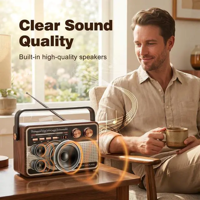 Alt view image 4 of 6 - Portable Radio AM FM SW, Vintage Radio for Home Outdoor Elder Gift | Retro Transistor Radios with Bluetooth, USB/TF/AUX Card Playback, Plug in Wall or Rechargeable Battery Powered