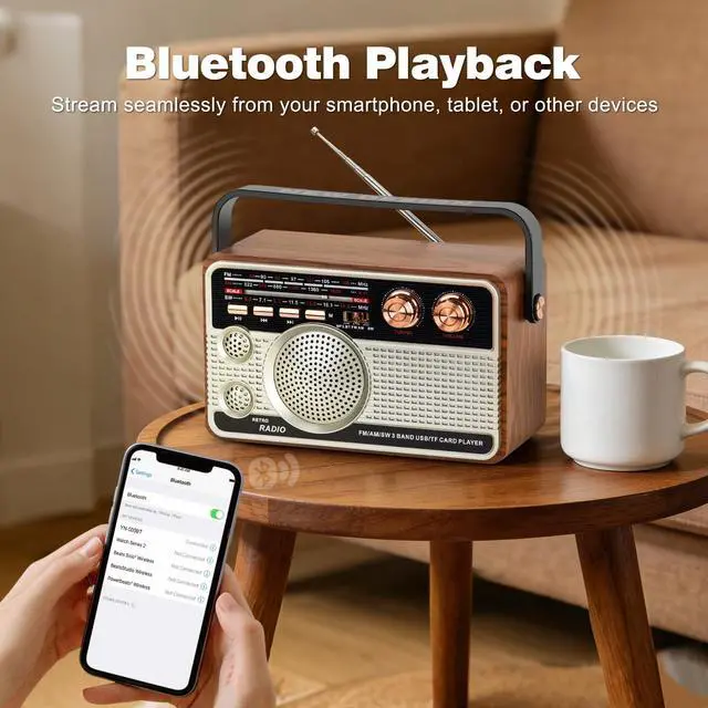 Alt view image 5 of 6 - Portable Radio AM FM SW, Vintage Radio for Home Outdoor Elder Gift | Retro Transistor Radios with Bluetooth, USB/TF/AUX Card Playback, Plug in Wall or Rechargeable Battery Powered