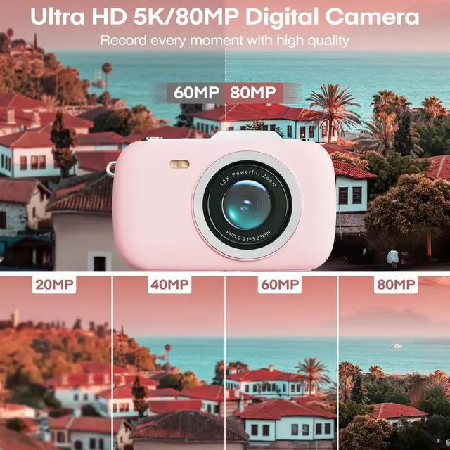 Alt view image 2 of 6 - Digital Camera 5K 80MP 18X Zoom UHD Autofocus Video Camara 2.8" LCD Vlogging Camera for Kids, Compact with Flash, 32GB Card & 2 Batteries, Christmas Birthday for Teens, Kids & Girls, Pink