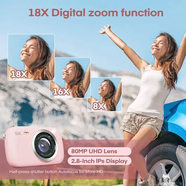 Alt view image 3 of 6 - Digital Camera 5K 80MP 18X Zoom UHD Autofocus Video Camara 2.8" LCD Vlogging Camera for Kids, Compact with Flash, 32GB Card & 2 Batteries, Christmas Birthday for Teens, Kids & Girls, Pink
