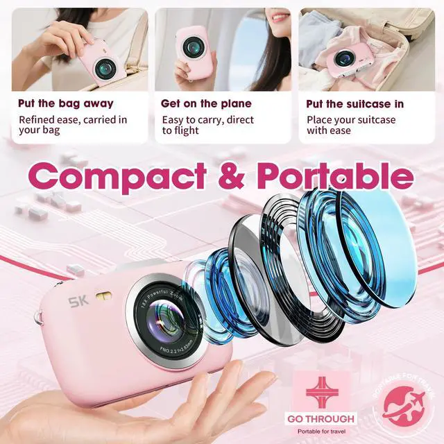Alt view image 6 of 6 - Digital Camera 5K 80MP 18X Zoom UHD Autofocus Video Camara 2.8" LCD Vlogging Camera for Kids, Compact with Flash, 32GB Card & 2 Batteries, Christmas Birthday for Teens, Kids & Girls, Pink