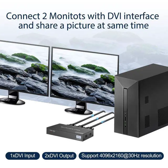 Alt view image 2 of 6 - DVI Splitter 1 in 2 Out 2 Port DVI Dual Monitors Distribution Duplicator Video Splitter Support EDID Management Resolution up to 4K30Hz for PC Laptop DVR Projector HDTV