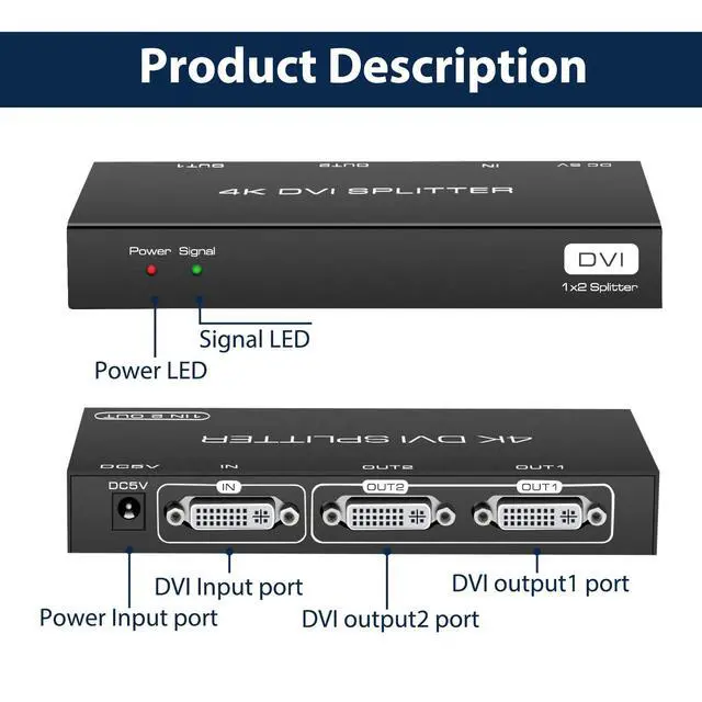 Alt view image 3 of 6 - DVI Splitter 1 in 2 Out 2 Port DVI Dual Monitors Distribution Duplicator Video Splitter Support EDID Management Resolution up to 4K30Hz for PC Laptop DVR Projector HDTV