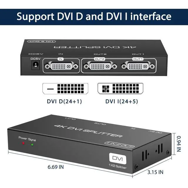 Alt view image 6 of 6 - DVI Splitter 1 in 2 Out 2 Port DVI Dual Monitors Distribution Duplicator Video Splitter Support EDID Management Resolution up to 4K30Hz for PC Laptop DVR Projector HDTV