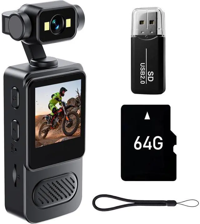 Main image of 2K Body Camera with 180 Rotatable Lens, 1.54 inch Screen Wearable Video Recorder Bundle Includes 64GB TF Card, Card Reader, Lanyard, Motion Detection Loop Recording for Security