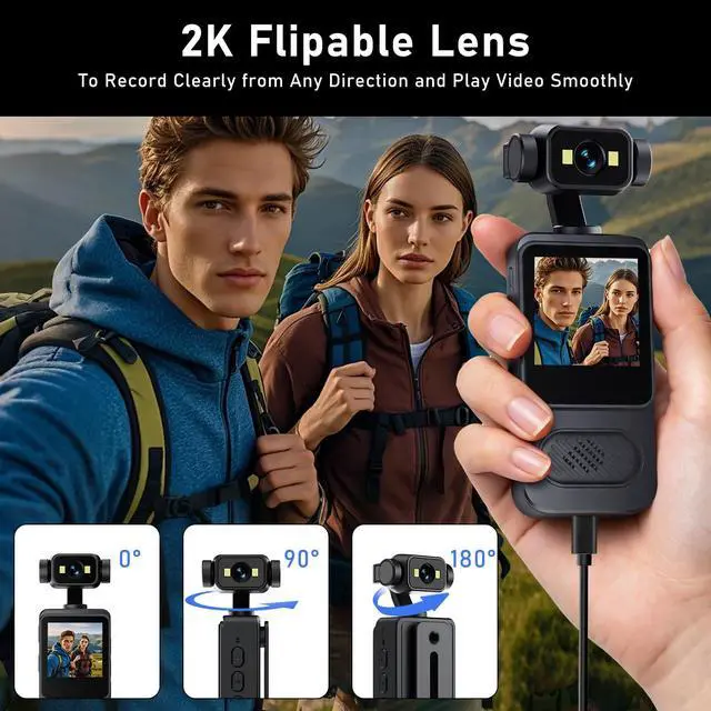 Alt view image 2 of 6 - 2K Body Camera with 180 Rotatable Lens, 1.54 inch Screen Wearable Video Recorder Bundle Includes 64GB TF Card, Card Reader, Lanyard, Motion Detection Loop Recording for Security