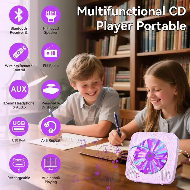 Alt view image 2 of 6 - CD Player with Speakers CD Players for Home: Desktop Wall CD Player Bluetooth Portable with Dust Cover FM Radio USB AUX Jack Remote Control