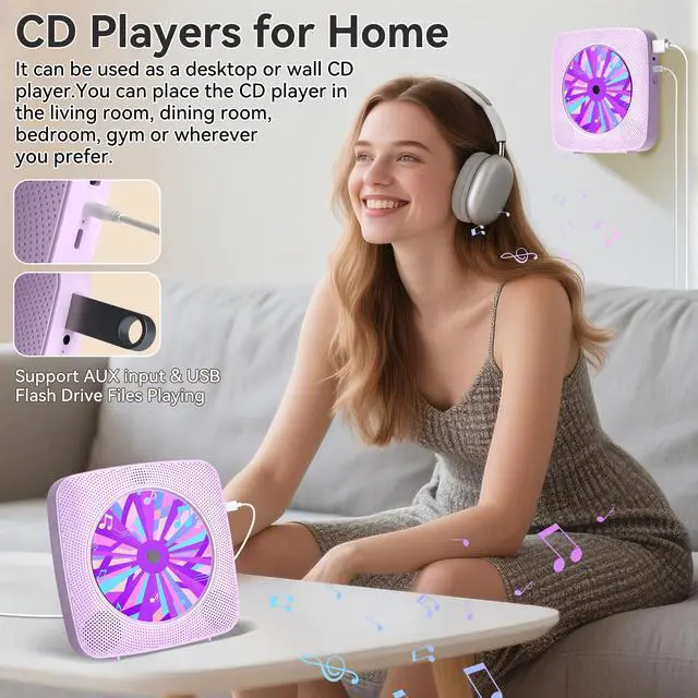 Alt view image 6 of 6 - CD Player with Speakers CD Players for Home: Desktop Wall CD Player Bluetooth Portable with Dust Cover FM Radio USB AUX Jack Remote Control