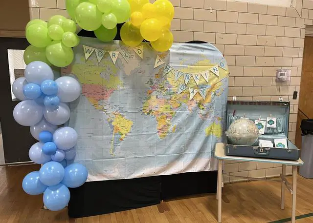 Alt view image 4 of 6 - 7x5ft World Map Backdrop Adventure Begins Travel Boys Baby Shower Party Decorations Map Backdrops Around World Adventure Birthday Bridal Shower Photography Background Photobooth Props