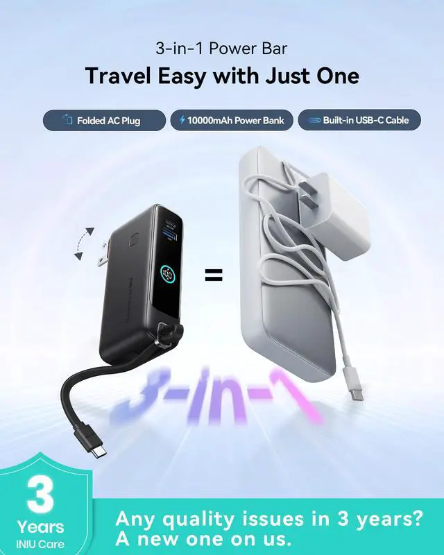 Alt view image 2 of 7 - Portable Charger, 10000mAh 30W Fast Charging Power Bank, Built-in USB C Cable and Foldable AC Plug, Travel Essentials Battery Pack for iPhone 16 15, Samsung S25 S24, MacBook